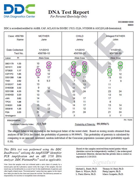 Sample DNA Test Results and the DNA Test Report .
